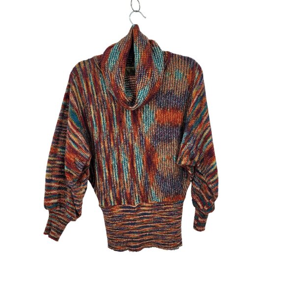 Vintage Sweaters - Vtg 80s Multicolor Streaked Cowlneck Sweater Sz M Dolman Sleeve Funky Casual